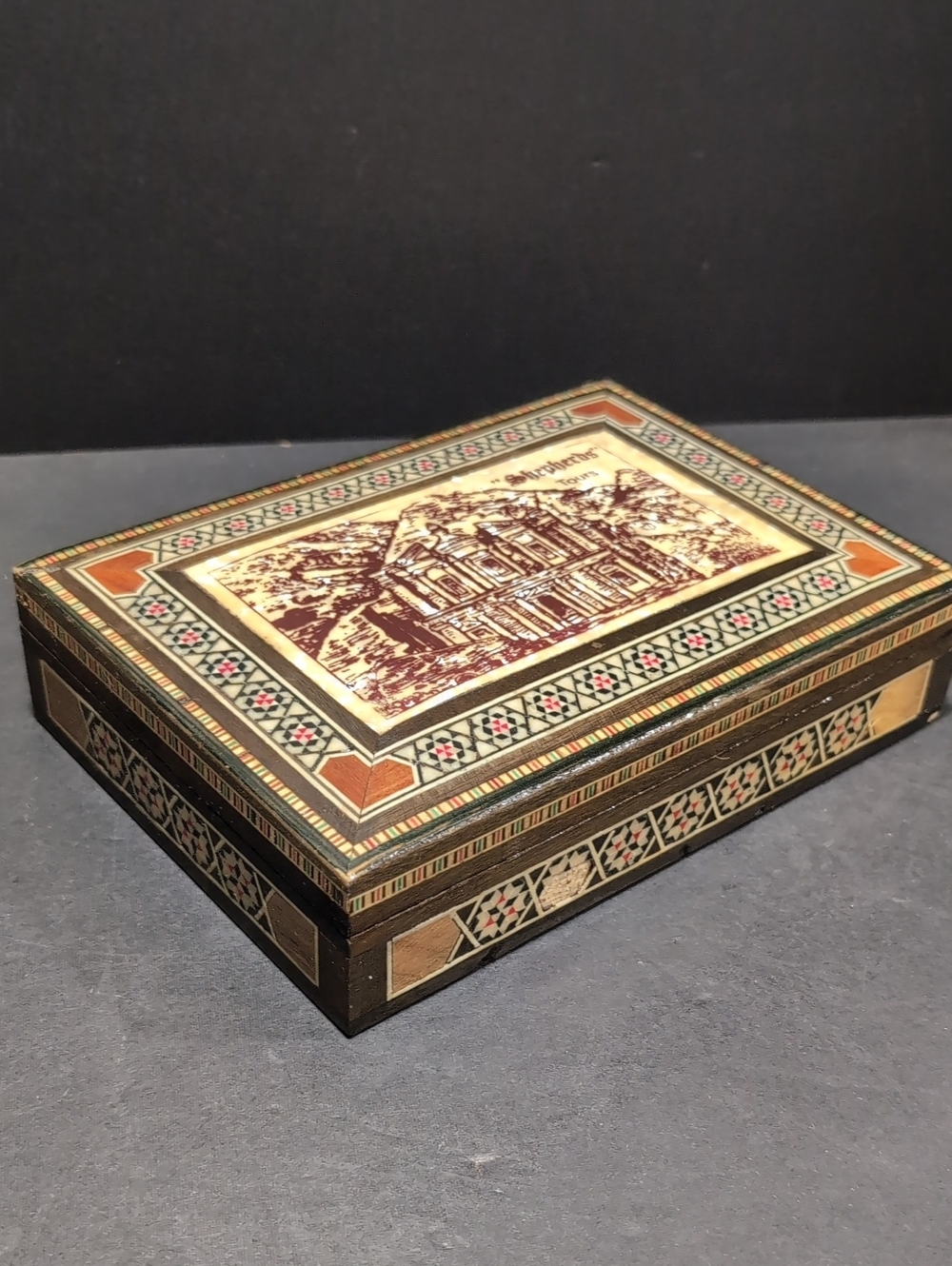 Shephards Tours,Wooden Souvenir Lidded Box Features Geometric Mosaic Design.